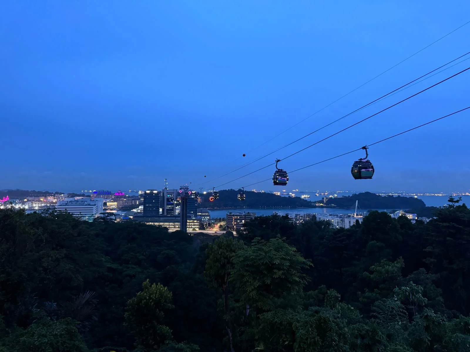 Cable cars over Singapore at dusk